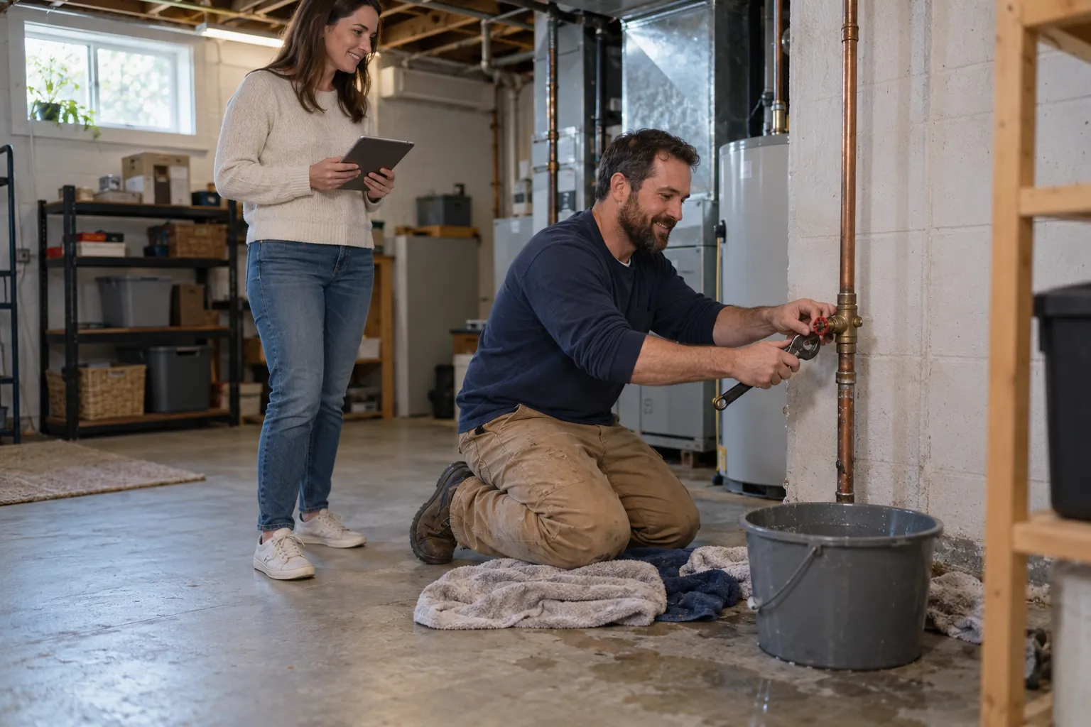 Friendly local plumber checking a shutoff valve with a homeowner in a Louisville/Jefferson County metro government basement