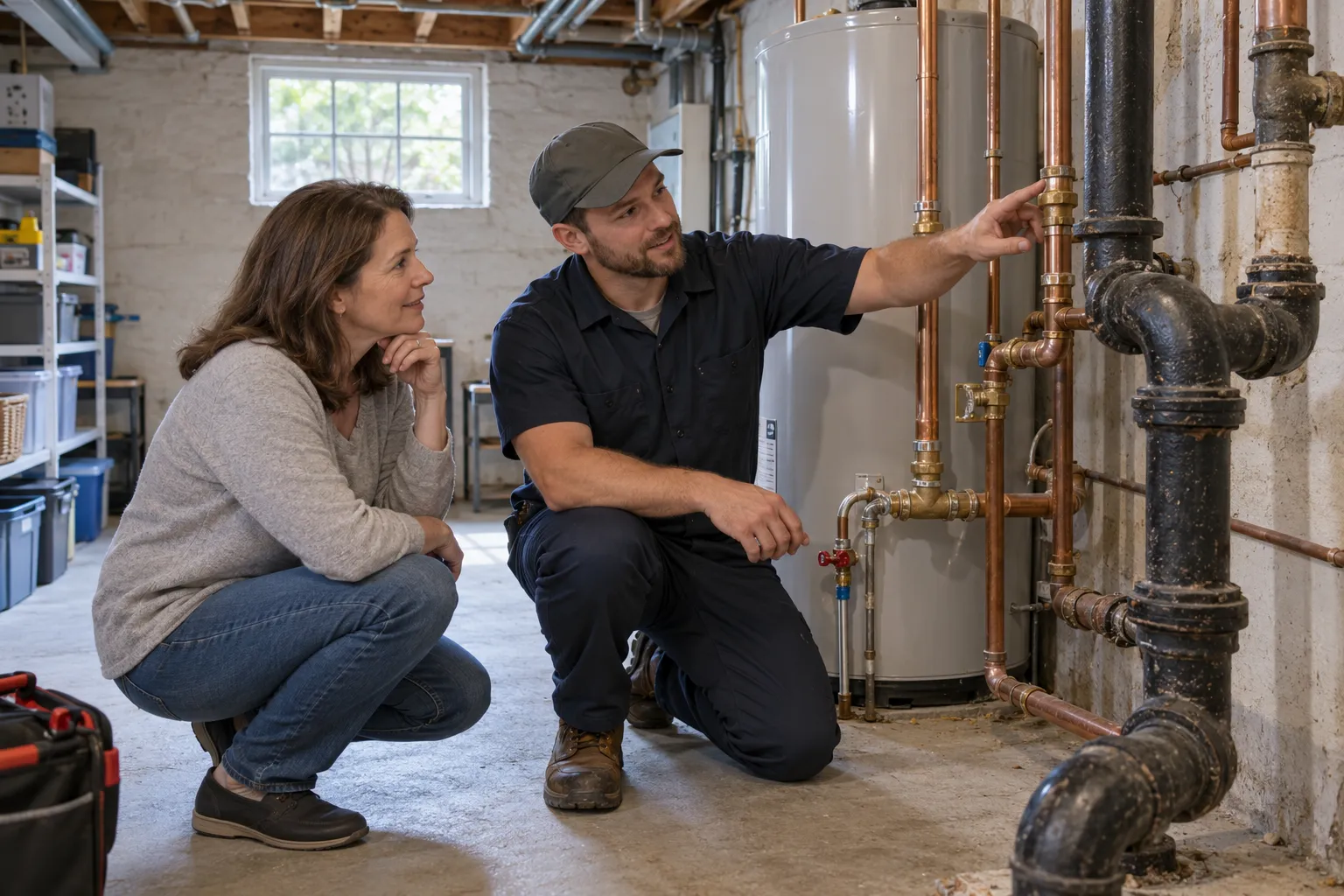 A homeowner in Louisville/Jefferson County metro government talking with a local plumbing provider in a basement